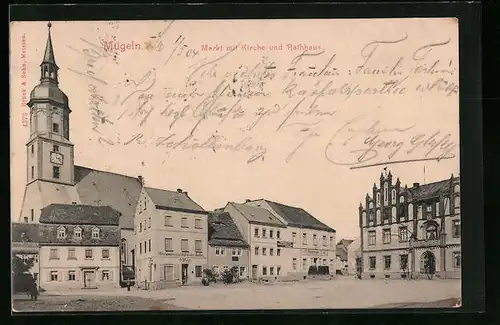 AK Mügeln, Markt mit Kirche und Rathaus, Materialwaren- und Landesproduckten-Handlung Voigt