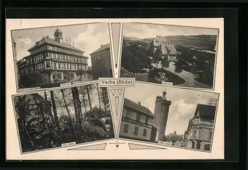 AK Vacha /Rhön, Ortsansicht mit Rathaus, Alte Mühle, Bahnhof und Alter Turm