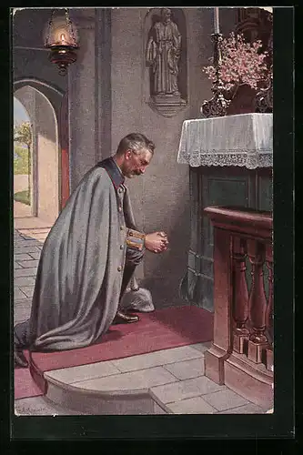 Künstler-AK Kaiser Wilhelm II. betend vor einem Altar