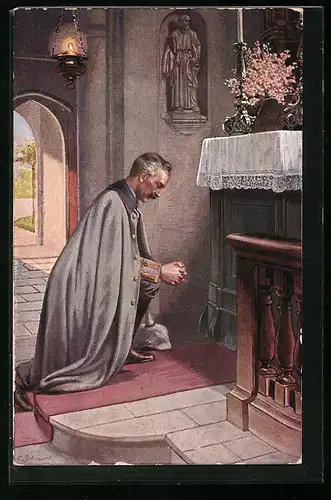 Künstler-AK Kaiser Wilhelm II. bei einer stillen Andacht am Altar