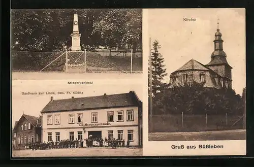 AK Büssleben, Gasthaus zur Linde, Kirche, Kriegerdenkmal
