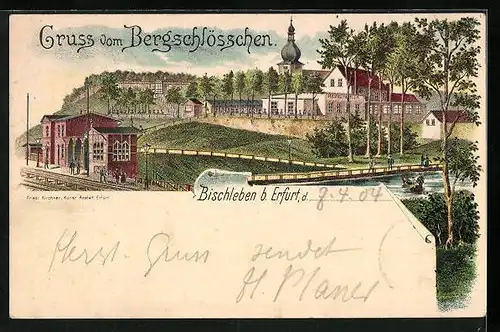 Lithographie Bischleben bei Erfurt, Gasthaus Bergschlösschen, Bahnhof mit Umgebung