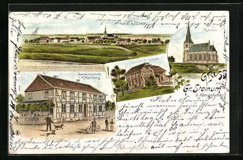 Lithographie Gr. Stenum, Gastwirtschaft A. Hornburg, Schule, Totalansicht