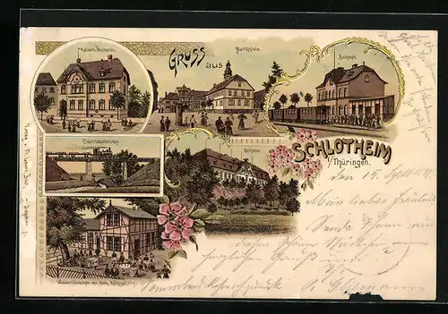 Lithographie Schlotheim /Th., Gasthaus Waldschlösschen vor dem Königsholz, Eisenbahnbrücke, Schloss