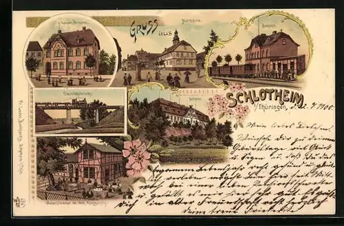 Lithographie Schlotheim /Th., Gasthaus Waldschlösschen vor dem Königsholz, Eisenbahnbrücke, Postamt