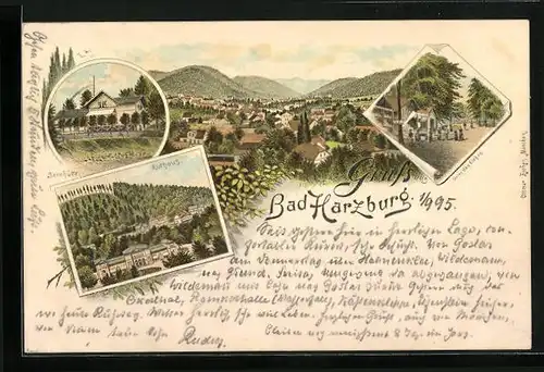 Vorläufer-Lithographie Bad Harzburg, 1895, Kurhaus, Sennhütte, Ortsansicht aus der Vogelschau