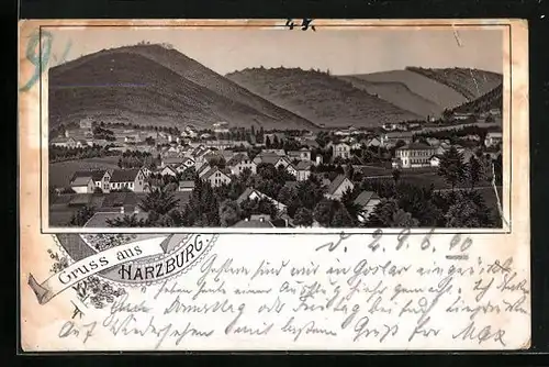 Vorläufer-Lithographie Harzburg, 1890, Ortsansicht aus der Vogelschau mit Bergkulisse
