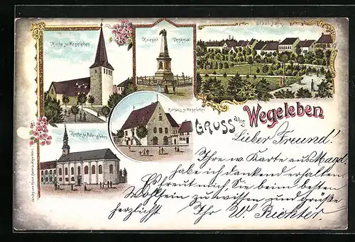 Lithographie Wegeleben, Stadtpark aus der Vogelschau, Kirchen Wegeleben und Adersleben, Rathaus mit Goldfenstern