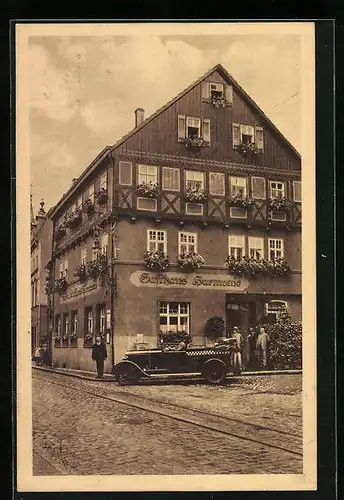 AK Eisenach /Th., Gasthaus zur Harmonie - Gebäude mit Automobil und Gästen