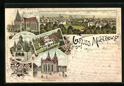 Lithographie Mühlhausen i. Th., Popperode, Weisses Haus, Kirchen