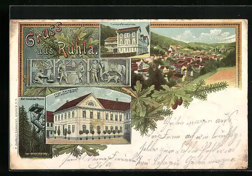 Lithographie Ruhla, Hotel Kaiserhof, Landgrafenschmiede, Totalansicht