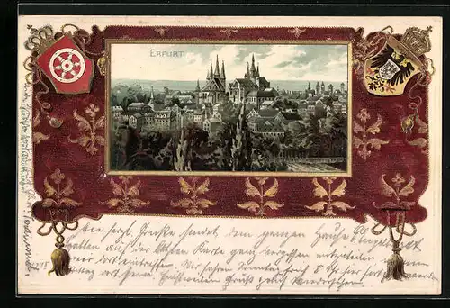 Passepartout-Lithographie Erfurt, Totalansicht mit Kirchen, Wappen