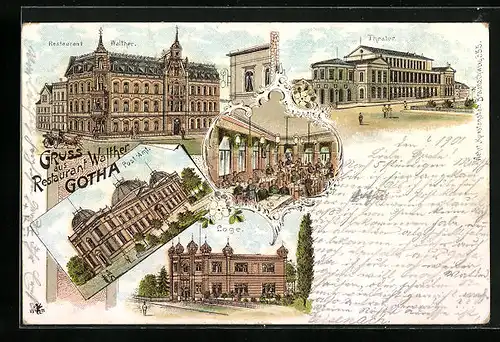 Lithographie Gotha, Restaurant Walther, Theater, Freimaurer-Loge