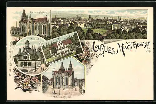 Lithographie Mühlhausen i. Th., Popperode, Weises Haus, Untermarktskirche