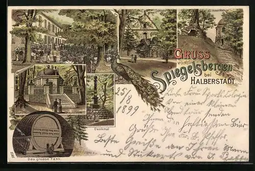 Lithographie Halberstadt, Restaurant Spiegelsberge, Denkmal, Mausoleum