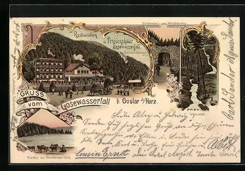 Lithographie Goslar, Restaurant u. Pensionshaus Gosewasserfall, Herzberger Teich