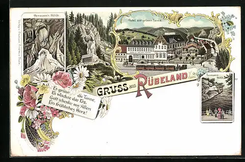 Lithographie Rübeland /Harz, Hotel zur grünen Tanne, Hermann`s Höhle