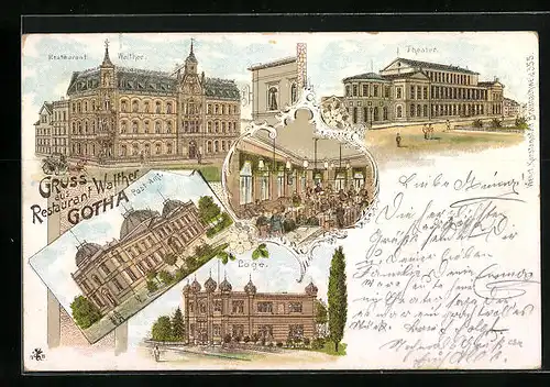 Lithographie Gotha, Freimaurer-Logenhaus, Restaurant Walther, Theater