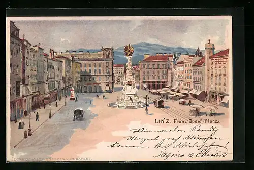 Lithographie Linz a. D., belebter Franz-Josef-Platz