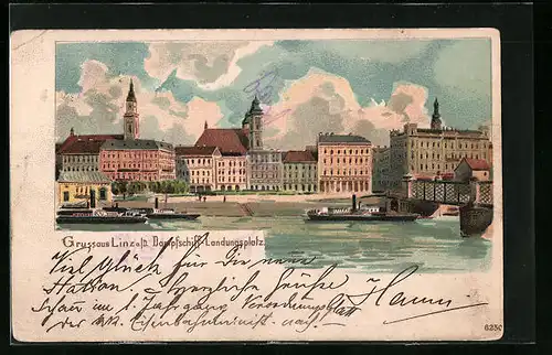 Lithographie Linz a. D., Dampfschiff-Landeplatz