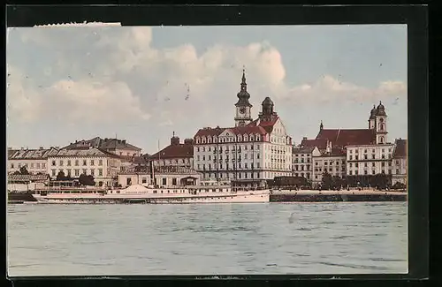 AK Linz a. D., Dampfschiff-Station mit Hotel Erzherzog Karl