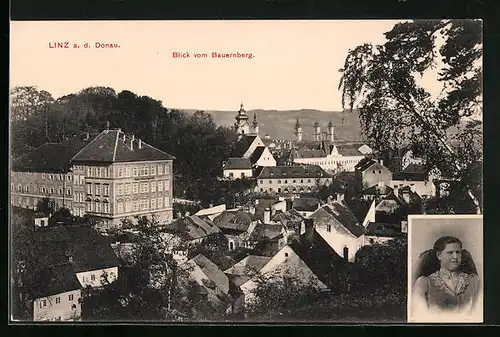 AK Linz a. D., Panoramablick vom Bauernberg, Linzerin im Trachtenkleid