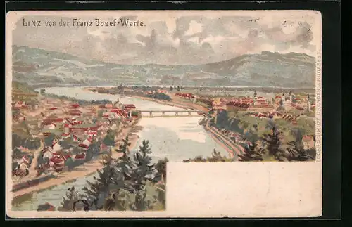 Lithographie Linz a. D., Panoramablick von der Franz Josef-Warte