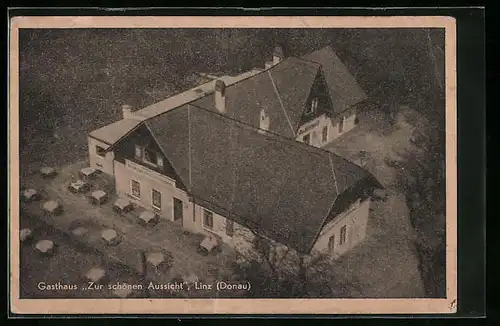 AK Linz a. D., Gasthaus Zur schönen Aussicht aus der Luft gesehen