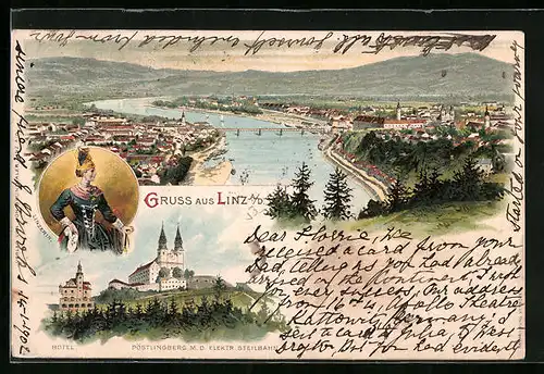 Lithographie Linz a. D., Pöstlingberg mit elektr. Steilbahn, Gesamtansicht, Linzerin im Trachtenkleid