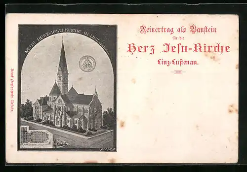 AK Linz-Lustenau, Neue Herz-Jesu-Kirche, Aussenansicht, Bauplan Innenansicht