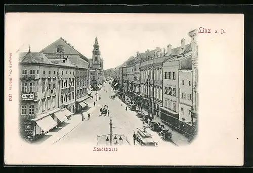 AK Linz a. D., Landstrasse mit Strassenbahn