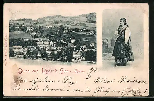 AK Linz a. D., Blick auf Urfahr, Linzerin im Trachtenkleid