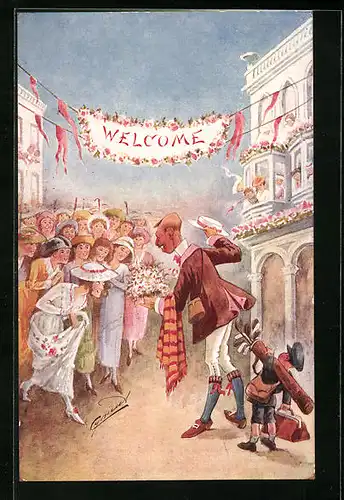 Künstler-AK Cynicus: Welcome, Man with flowers and a bunch of women