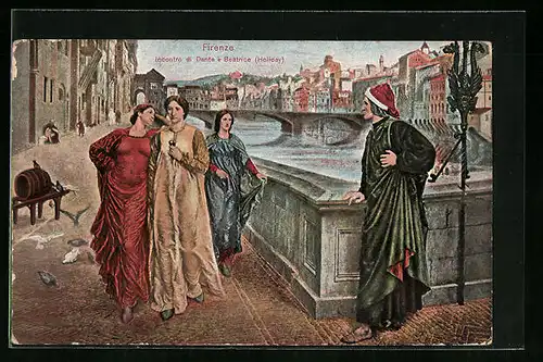 AK Firenze, Incontro di Dante e Beatrice, Dante auf der Brücke mit drei Frauen