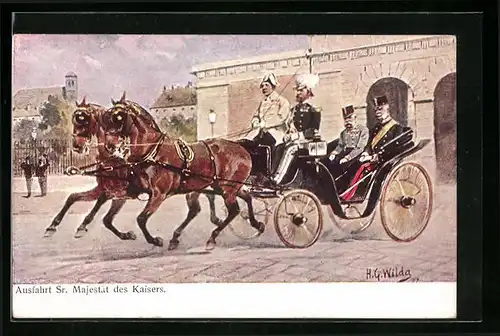 Künstler-AK Kaiser Franz Josef I. von Österreich in einer Kutsche, Ausfahrt Sr. Majestät des Kaisers