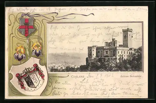 Passepartout-Lithographie Coblenz, Schloss Stolzenfels und Wappen