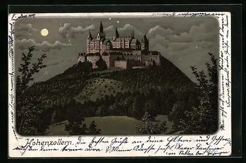Lithographie Burg Hohenzollern im Mondschein