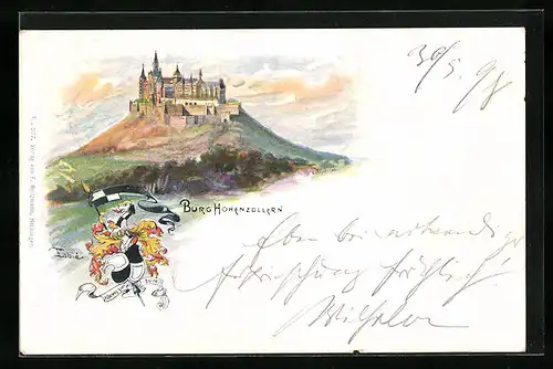 Lithographie Burg Hohenzollern mit Wappen