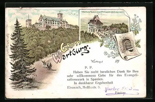 Lithographie Blick zur Wartburg mit Restauration