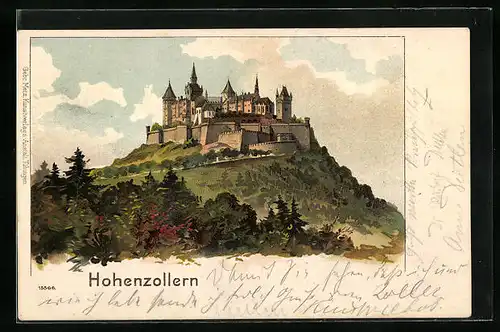 Lithographie Blick zur Burg Hohenzolern
