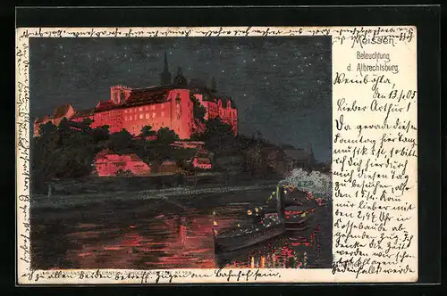 Lithographie Albrechtsburg mit Beleuchtung