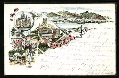 Lithographie Drachenfels am Rhein mit Drachenburg und Plateau