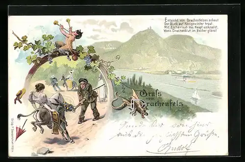 Lithographie Drachenfels mit Burg und bockiger Esel