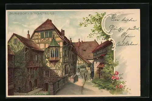 Lithographie Burghof in der Wartburg