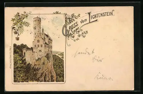 Lithographie Blick zur Burg Lichtenstein