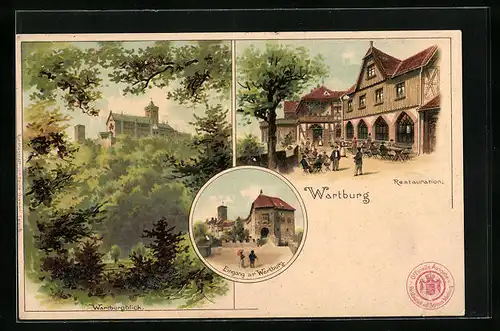 Lithographie Wartburg mit Eingang und Restauration
