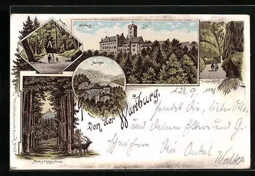 Lithographie Blick zur Wartburg, Drachenschlucht, annathal & Marienthal