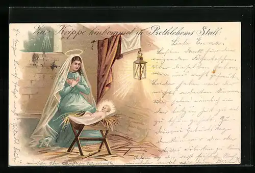 Lithographie Maria in Bethlehems Stall an der Krippe