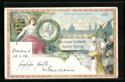Lithographie St. Privat, Jubiläumspostkarte 1898: Die treuen Sachsen ihrem König