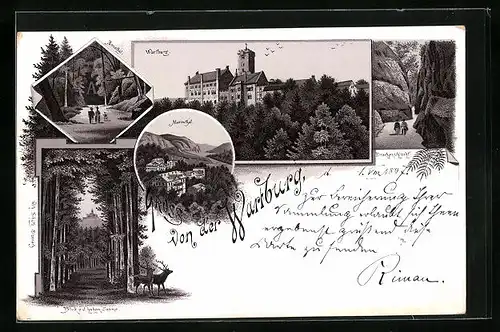 Lithographie Wartburg, Panorama, Drachenschlucht & Annathal